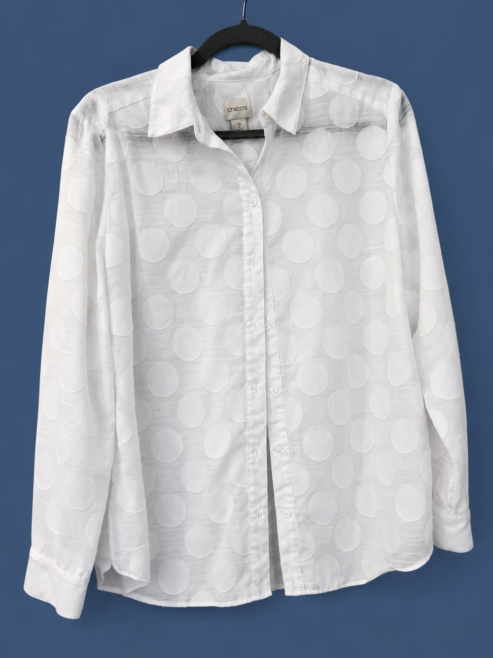 Chico’s White Clip Dot Sheer Button Front Blouse Size 2
Gauzy Coastal